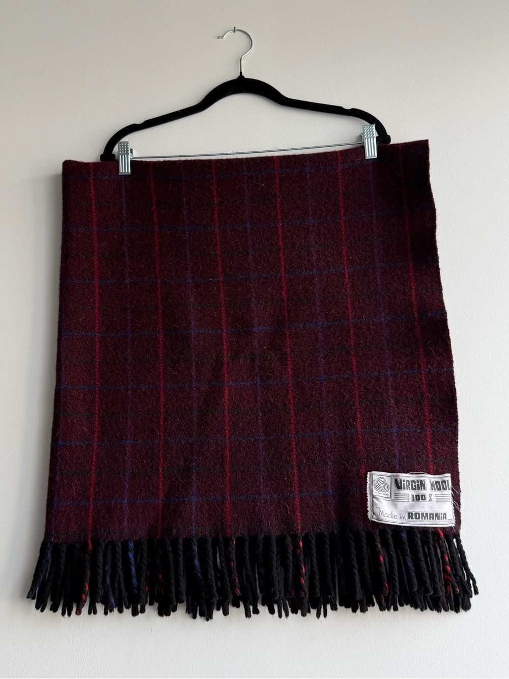 100% Virgin Wool 42x44" Vintage Purple Plaid Blanket Made in Romania
